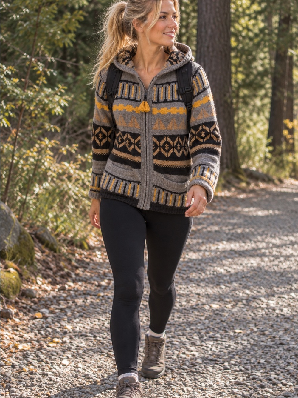sparrow Hooded Zip Cardigan Sweater in Gray, Black and Mustard
